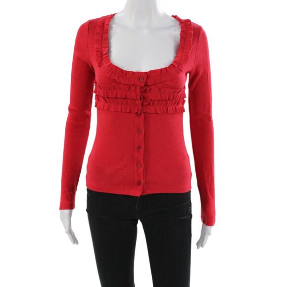 Damson Madder Tops - Damson Madder Womens Red Scoop Neck Long Sleeve Cardigan Solid Modal Size 6